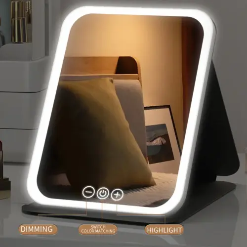LED Dimmable Makeup Mirror with 3 Colour Light Modes & USB Charging – Foldable Tabletop